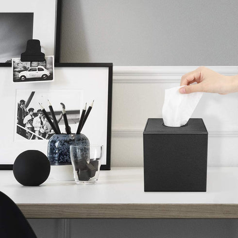 Luxspire PU Leather Tissue Box Cover, Roll Tissue Holder, Modern Square Paper Facial Tissue Holder Case Dispenser Napkin Organizer for Bathroom Counter Tops Bedroom Car, Tissue Box Covers - Black
