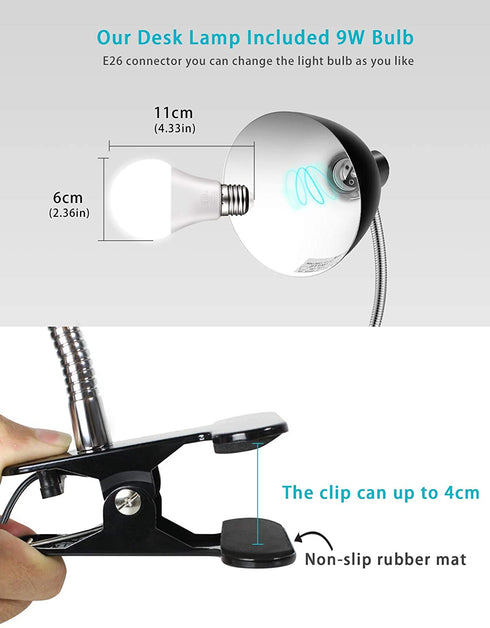 Clip on Light Desk lamp Eye-Caring Table Lamps, 360°Rotation Gooseneck Clip on Lamp Reading Light, Portable Reading Book Light, Clamp Light, Study Desk Lamps for Bedroom and Office Home Lighting-Black