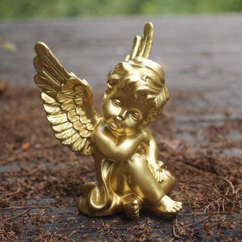OwMell Set of 2 Gold Angels Resin Cherubs Statue Figurine, Indoor Outdoor Home Garden Decoration 4 Inch, Adorable Angel Sculpture Memorial Statue A Pair