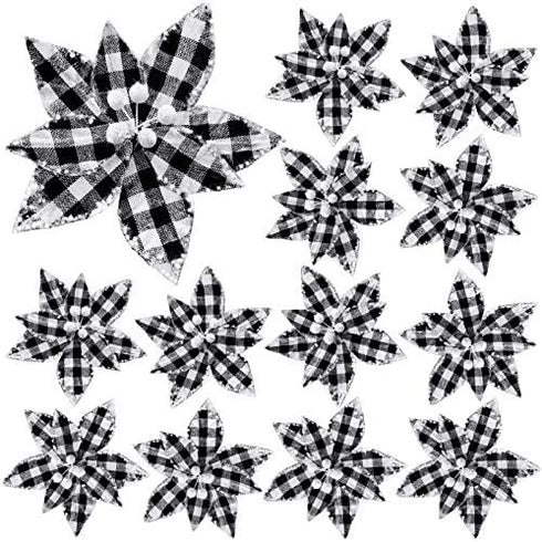 Syhood 12 Pieces Buffalo Plaid Poinsettias Christmas Tree Ornaments Artificial Christmas Flowers with Glitter Powder for Christmas Tree Wreaths Garland Holiday Decorations 6.7 Inch (Black and White)