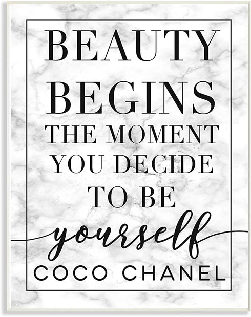 Stupell Industries Beauty Begins Once You Decide to Be Yourself White Marble Typography, Design by Daphne Polselli Wall Art, 10 x 15, Black