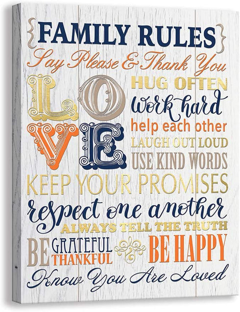 Kas Home Inspirational Motto Canvas Wall Art,Family Prints Signs Framed, Retro Artwork Decoration for Bedroom, Living Room, Home Wall Decor (12 x 15 inch, Rules - L)