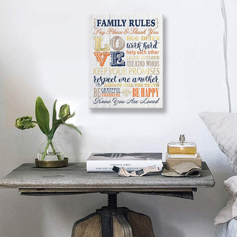 Kas Home Inspirational Motto Canvas Wall Art,Family Prints Signs Framed, Retro Artwork Decoration for Bedroom, Living Room, Home Wall Decor (12 x 15 inch, Rules - L)
