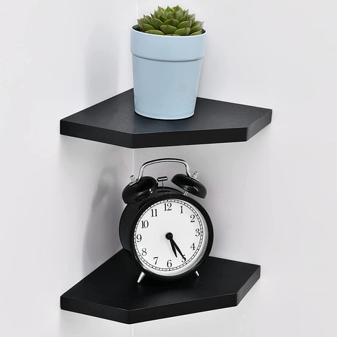 WELLAND 7-Inch Black Floating Corner Shelves Set of 2, Wall Mounted Storage Shelf with White Finish for Bedroom, Living Room, Bathroom, Display Shelf for Small Plant, Photo Frame, Toys