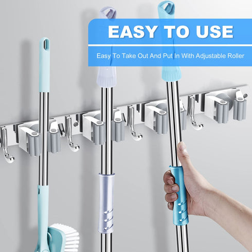 Broom Holder, Mimieyes Mop and Broom Holder Wall Mount,Stainless Steel Broom Organizer Wall Mounted Tools Hanger, Heavy Duty Storage Organization for Home Kitchen Garden Garage Room(5 Racks 4 Hooks)