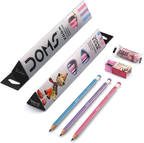 Doms Zoom Ultimate Dark Triangle Pencils (10pcs) with Free Eraser, Sharpener and 15cms Ruler