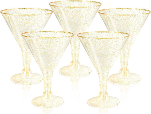 Liacere 24 Pack Gold Glitter Plastic Martini Glasses - 6.25oz Disposable Cocktail Glasses - Plastic Margarita Glasses Perfect for Wedding & Party