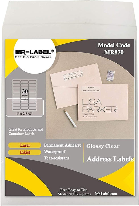 Mr-Label 1" x 2-5/8" Glossy Frosted Clear Address Labels - Waterproof and Tear-Resistant - for Inkjet & Laser Printer - for Envelope | Gift Bag | Bottle| Bar Code (10 Sheets Total 300 Labels)