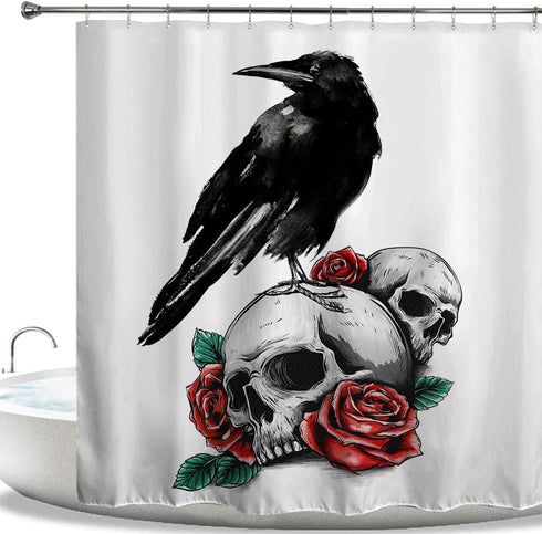 HIYOO Halloween Flower Skull and Raven Shower Curtain with Hooks, Bathroom Sugar Skeleton Shower Curtain, Horror Scary Hallowmas Waterproof Fabric Shower Curtain Sets - Red / Green 60" W x 72" L