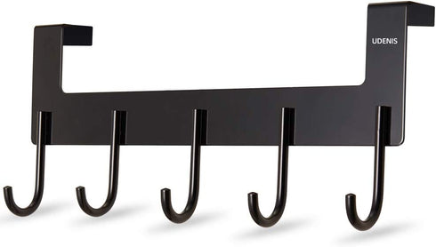 Over Door Hanger Heavy-Duty Hook, Hanging Clothes,Coat,Bag,Robe,Towel,Bathroom,Closet,Back of Door Hanger,Sturdy Anti-Rust Lightweight 5-Hooks Aluminum Black