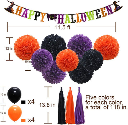 ADLKGG Halloween Orange Purple Black Party Decorations, €œHappy Halloween Banner, Balloons, Tissue Paper pom poms Flowers, Tassel DIY Party Garland, Birthday Party, Baby Shower, Festival