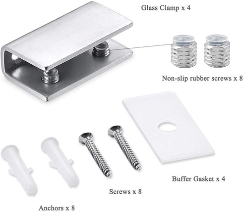 DOKU 4Pcs Adjustable 304 Stainless Steel Glass Clip Clamp Support 0.32"(8mm)-0.48"(12mm) Glass Shelf Brackets, Space Saving Bathroom Wall Mounted, Brushed Finished