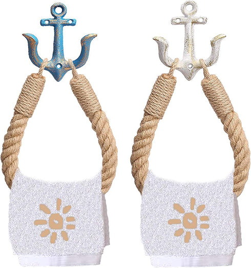 2 Piece Nautical Rope Towel Ring, Toilet Paper Holder Beach Themed Bathroom Decord with Metal Hook for Beach Themed Bathroom Decor(Blue+White)