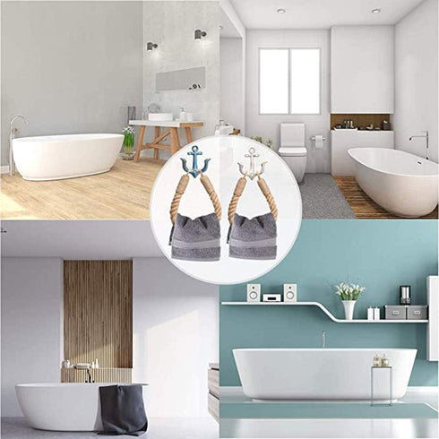 2 Piece Nautical Rope Towel Ring, Toilet Paper Holder Beach Themed Bathroom Decord with Metal Hook for Beach Themed Bathroom Decor(Blue+White)