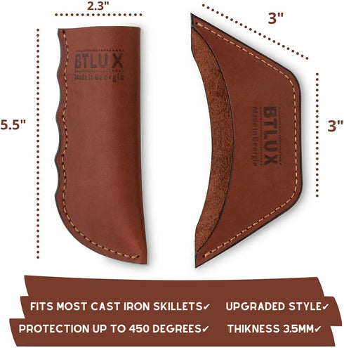 BTLUX Set of 2 Leather Hot Handle Holders - Handmade Thick Leather Handle Covers for cast Iron skillets Pans and pots 100 Percent Heat Resistant Handle Sleeve - Brown
