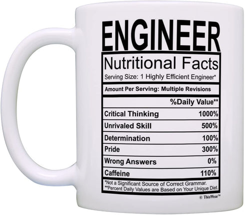 Engineering Gifts for Men Funny Engineer Nutritional Facts Label Software Engineer Gifts Sound Engineer Mug Civil Engineer Coffee Mug Tea Cup White
