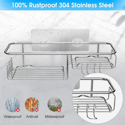 2-pack Shower Caddy Basket Shelf SUS304 Stainless Steel Bathroom Shelf with 11 Hooks ,Bearing 30 pounds, Without Drilling Fixed by Shower Shelf Adhesive Storage,2-in-1 Kitchen Spice Organizer