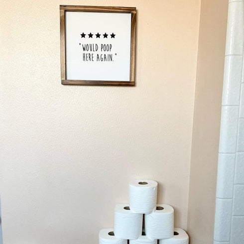 Five Stars Would Poop Here Again Bathroom Sign 12x12 Inch - Farmhouse Bathroom Wall Decor, Funny Poop Sign for Bathroom Decor Wall Art, 5 Stars Would Poop Here Again Sign, Funny Bathroom Wall Art