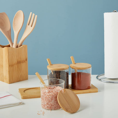 Small Glass Condiment Containers with Lids, Spoons, and Bamboo Wood Base (10oz, 3 Pack)