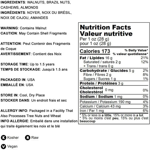 Mixed Raw Nuts, 8 Ounces - Cashews, Brazil Nuts, Walnuts, Almonds, Unsalted, Bulk