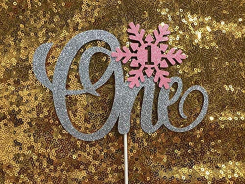 Snowflake One Cake Topper & 24 pcs Snowflake Cupcake Toppers- Winter Onederland Cake Topper, Winter Onederland 1st Birthday Girl Decorations?Silver Pink Glitter?
