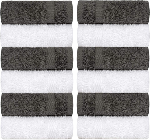 White Classic Luxury Cotton Washcloths - Large Hotel Spa Bathroom Face Towel | 12 Pack | (6-Grey/6-White)