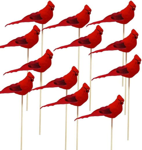 Cardinal Floral Picks - 5" Red Cardinals on 7" Wooden Sticks - Set of 12 Birds Attached to Stems - Red Birds Centerpieces - Christmas DIY - Ornament Holiday Décor.