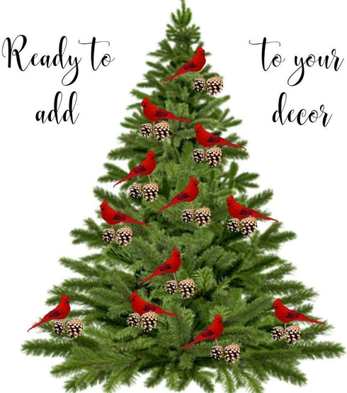 Cardinal Floral Picks - 5" Red Cardinals on 7" Wooden Sticks - Set of 12 Birds Attached to Stems - Red Birds Centerpieces - Christmas DIY - Ornament Holiday Décor.