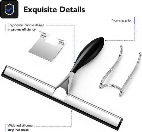 Shower Squeegee Set(12-Inch),Squeegee for Shower Glass Door,Stainless Steel Window Squeegee with Shower Door Hook and Adhesive Hook,for Glass Doors, Mirror,Bathroom, Window-Black