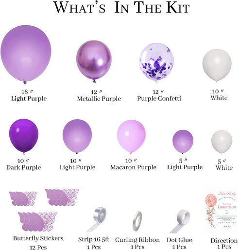 Pateeha Purple Balloon Garland Kit 145 Pcs Butterfly Baby Shower Decorations for Girl 12 Pcs Butterfly Stickers Balloons Arch White Metallic Purple Confetti for Birthday Wedding Party