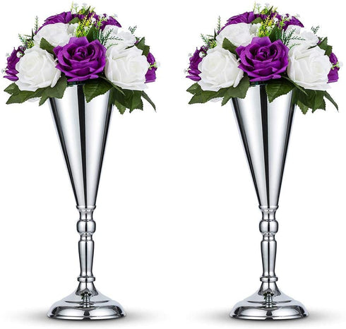 2 Pcs Tabletop Silver Metal Wedding Flower Trumpet Vase Table Decorative Centerpiece Artificial Flower Arrangements for Anniversary Ceremony Party Birthday Event Aisle Home Decoration (Silver)