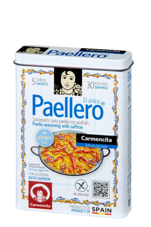 Carmencita. Paellero Paella Seasoning with Saffron (5 sackets) in metallic Tin. 20g (0.71oz)