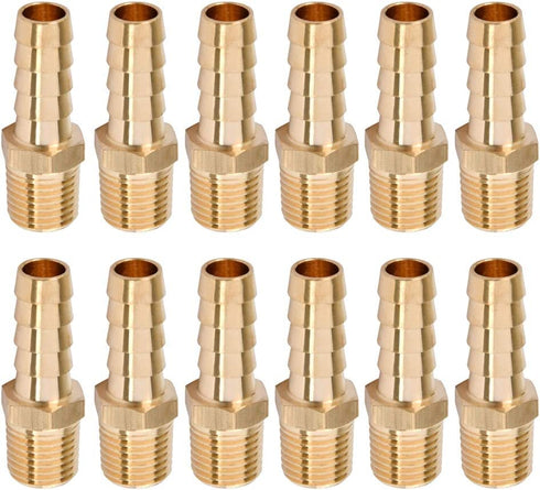 QLOUNI 12Pcs Brass Pipe Fitting, 3/8" Barb x 1/4" NPT Male Pipe, Hose Barb Adapter, Brass Pipe Fittings Male Threaded End