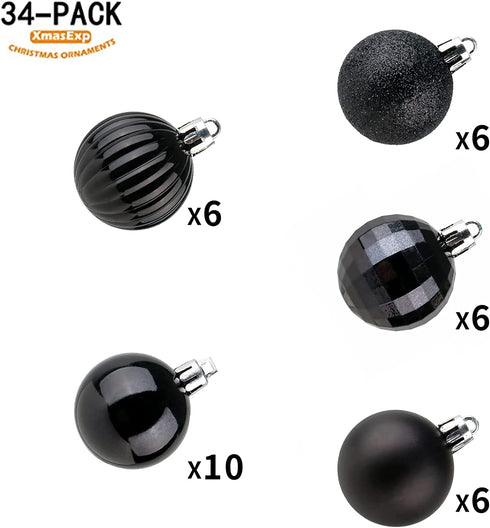 XmasExp Christmas Ball Ornaments (2.36", Black) 34ct Christmas Ball Ornaments Shatterproof Xmas Tree Hanging Balls Decorations Perfect for Holiday Wedding Christmas Decor