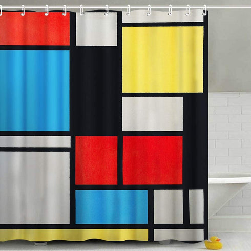 INVIN ART Bathroom Shower Curtain Set with Hooks,Composition in Blue, red and Yellow by Piet Cornelies Mondrian,Home Art Paintings Pictures for Bathroom