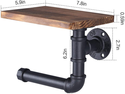 OROPY Industrial Toilet Paper Holder, Wall Mounted Tissue Roll Hanger with Rustic Wooden Shelf for Bathroom
