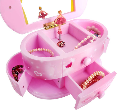 Qulable Musical Jewelry Box,Girl's Musical Jewelry Storage Box with Drawer and Dancing Ballerina Makeup Mirror Music Box Jewelry Storage Music Box for Kids Children (Pink)