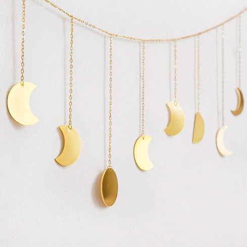 Mkono Moon Phase Wall Hanging Boho Garland Decor Home Decoration Moon Hang Art Ornaments for Bedroom Headboard Living Room Dorm Nursery Apartment Office Birthday Gift, Gold, 55"