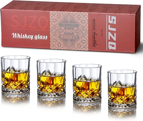 SJZQ Old Fashioned whiskey Glasses set ,with 4PCS 10OZ Crystal Whisky Rocks Glasses for Beer mug, Bourbon, Liquor Cocktail ,Drinks water tumbler Gifts