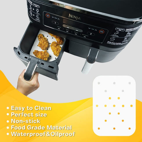 100Pcs Parchment Paper for Ninja Foodi XL Dual Air Fryer, Pre-Cut Food Safe Baking Mat for Ninja DZ401, with 2 Non-Stick Liners and Cheat Sheet Set Accessories