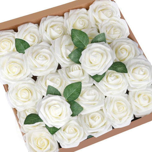 Mocoosy 50Pcs Artificial Flowers Rose, Ivory White Fake Roses for Decorations, Real Looking Foam Rose Bulk with Stems for DIY Wedding Bouquets Centerpieces Floral Arrangements Mothers Day Party Home Decor