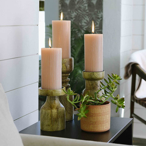 Main + Mesa Unscented Ribbed Pillar Candles, Set of 2, 3"x6", Blush Taupe