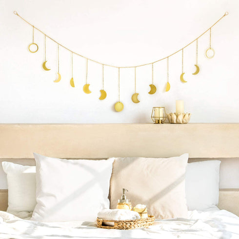 Mkono Moon Phase Wall Hanging Boho Garland Decor Home Decoration Moon Hang Art Ornaments for Bedroom Headboard Living Room Dorm Nursery Apartment Office Birthday Gift, Gold, 55"