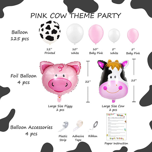 Cow Party Decorations 130 Pcs, TOPLLON Farm Animal Balloon Garland Kit with Cow Print Balloons, White Baby Pink Latex Balloons for Girls Birthday Party