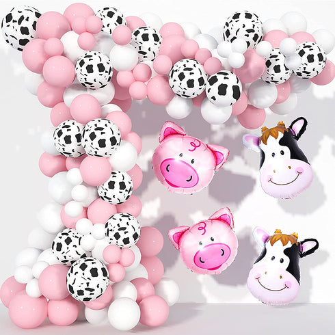 Cow Party Decorations 130 Pcs, TOPLLON Farm Animal Balloon Garland Kit with Cow Print Balloons, White Baby Pink Latex Balloons for Girls Birthday Party