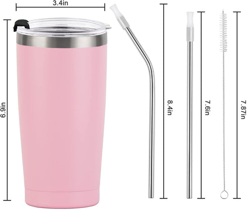 2 Pack Travel Tumblers, 20 Oz Stainless Steel Tumblers with Lids Straws, Vacuum Insulated Tumblers, Double Wall Travel Tumblers, Powder Coated Insulated Coffee Cup for Hot and Cold Drinks, Pink
