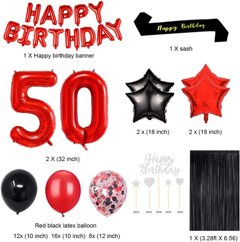 Fancypartyshop Fancy 50TH Birthday Party Decorations Supplies Red Black Later Balloons Happy Birthday Cake Topper Sash Foil Black Curtains Foil Star Balloons Number Red 50