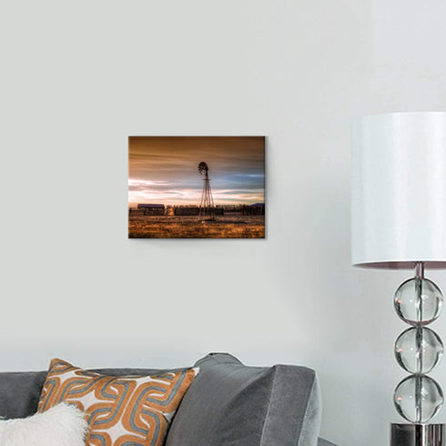 Hardy Gallery Rustic Windmill Picture Wall Art: Plains Landscape Artwork Farmhouse Painting Print on Canvas for Living Room (16'' x 12'' x 1 Panel)