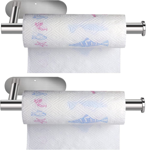 2 Pakc Stainless Steel Paper Towel Holder Under Cabinet, Self Adhesive Wall Mount Paper Towel Holder for Kitchen, Under Counter Paper Roll Rack for Bathroom-Silver