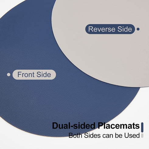 Placemats Faux Leather Round Table Mats Set of 4 with Coasters, Heat-Resistant Waterproof Non-Slip Washable Mats for Kitchen Dinning Table, PU Table Mats (Blue+Gray)